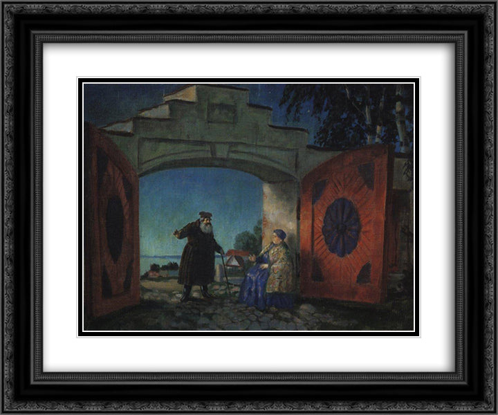 The gate of house Kabanovs 24x20 Black Ornate Wood Framed Art Print Poster with Double Matting by Kustodiev, Boris