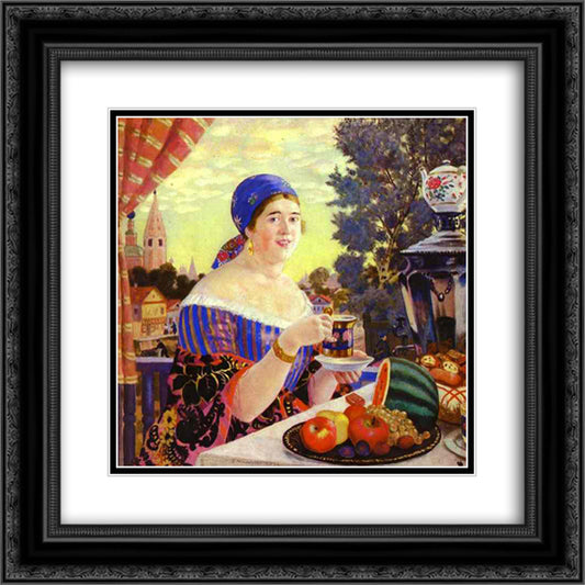 The Merchant's Wife at Tea 20x20 Black Ornate Wood Framed Art Print Poster with Double Matting by Kustodiev, Boris
