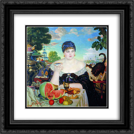 The Merchant's Wife at Tea 20x20 Black Ornate Wood Framed Art Print Poster with Double Matting by Kustodiev, Boris