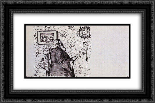 The priest near the clock 24x16 Black Ornate Wood Framed Art Print Poster with Double Matting by Kustodiev, Boris