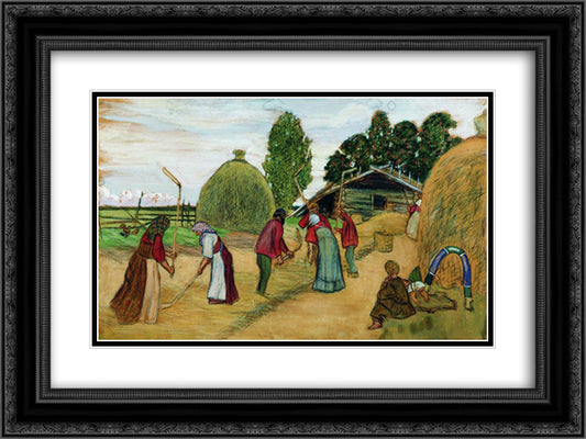 Threshing 24x18 Black Ornate Wood Framed Art Print Poster with Double Matting by Kustodiev, Boris