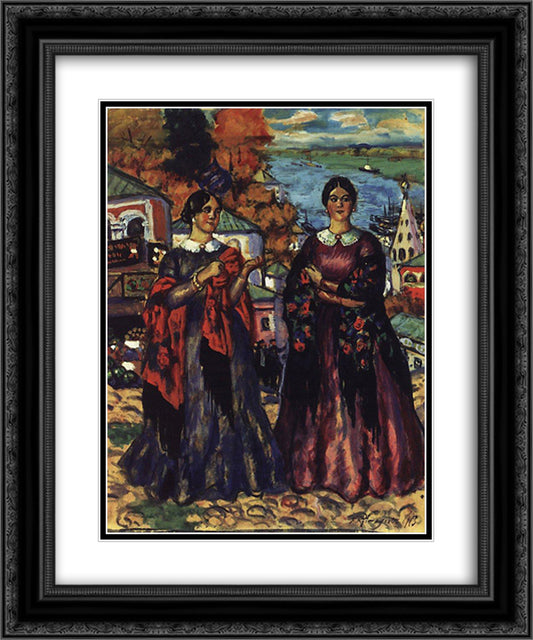 Two Merchant's wifes 20x24 Black Ornate Wood Framed Art Print Poster with Double Matting by Kustodiev, Boris