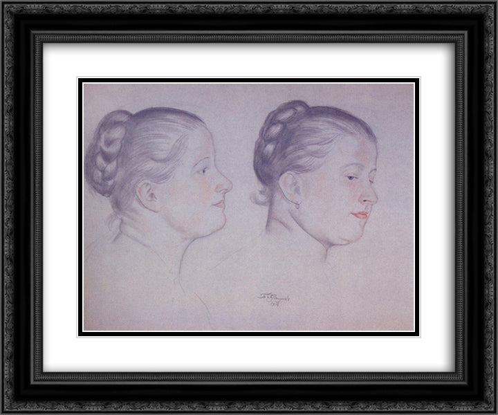 Two portraits of Annushka 24x20 Black Ornate Wood Framed Art Print Poster with Double Matting by Kustodiev, Boris