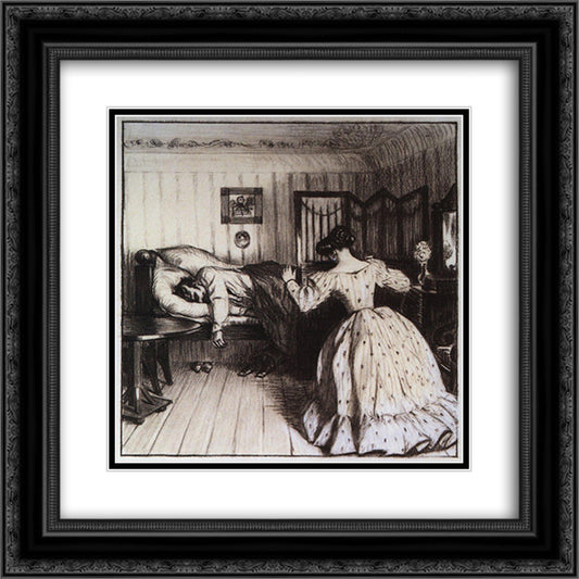 Wife wakes up Chertokutsky 20x20 Black Ornate Wood Framed Art Print Poster with Double Matting by Kustodiev, Boris