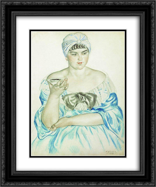 Women drinking tea 20x24 Black Ornate Wood Framed Art Print Poster with Double Matting by Kustodiev, Boris