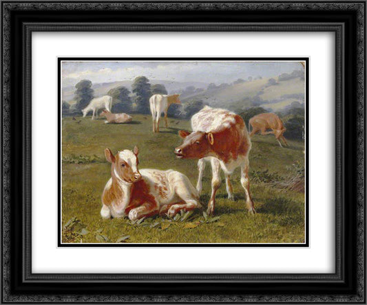 Calves in a Meadow 24x20 Black Ornate Wood Framed Art Print Poster with Double Matting by Riviere, Briton