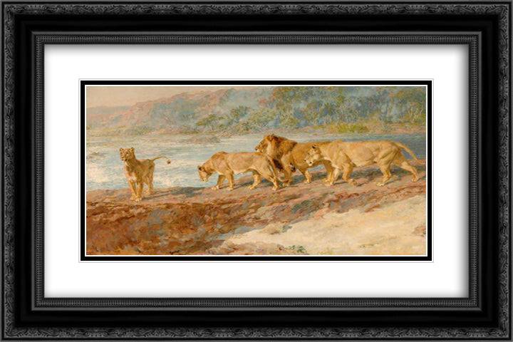 On the Bank of an African River 24x16 Black Ornate Wood Framed Art Print Poster with Double Matting by Riviere, Briton