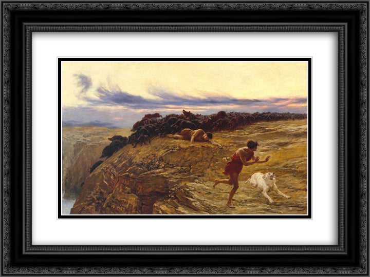 The Miracle of the Gaderene Swine 24x18 Black Ornate Wood Framed Art Print Poster with Double Matting by Riviere, Briton