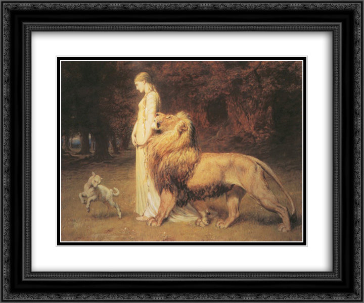 Una and Lion 24x20 Black Ornate Wood Framed Art Print Poster with Double Matting by Riviere, Briton