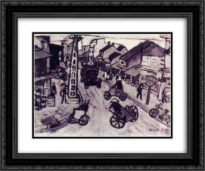 Hanoi Street 24x20 Black Ornate Wood Framed Art Print Poster with Double Matting by Xuan Phai, Bui
