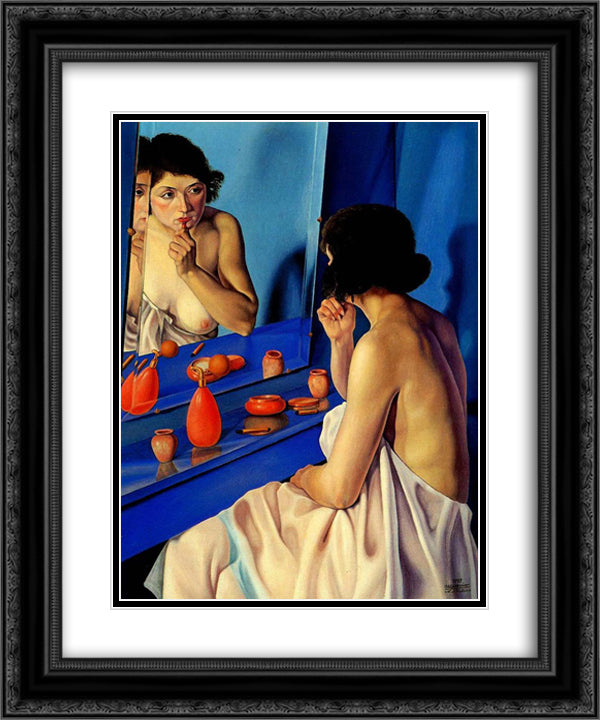 Donna allo Specchio 20x24 Black Ornate Wood Framed Art Print Poster with Double Matting by San Pietro, Cagnaccio di