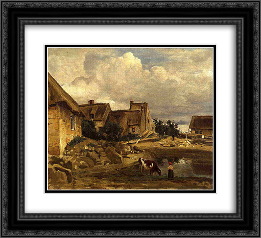 A Farmyard near Fontainebleau 22x20 Black Ornate Wood Framed Art Print Poster with Double Matting by Corot, Jean Baptiste Camille