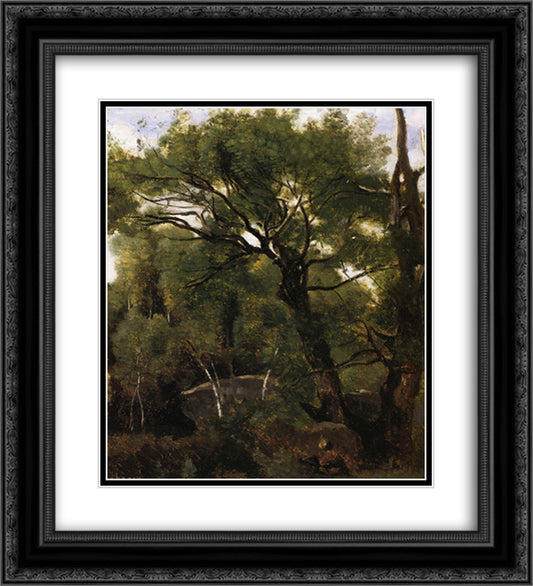 An Artist Painting in the Forest of Fountainebleau 20x22 Black Ornate Wood Framed Art Print Poster with Double Matting by Corot, Jean Baptiste Camille