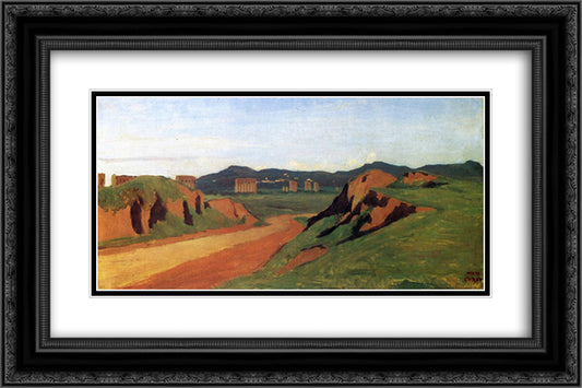 Aqueducts in the Roman Campagna 24x16 Black Ornate Wood Framed Art Print Poster with Double Matting by Corot, Jean Baptiste Camille