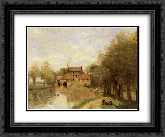 Arleux du Nord, the Drocourt Mill, on the Sensee 24x20 Black Ornate Wood Framed Art Print Poster with Double Matting by Corot, Jean Baptiste Camille