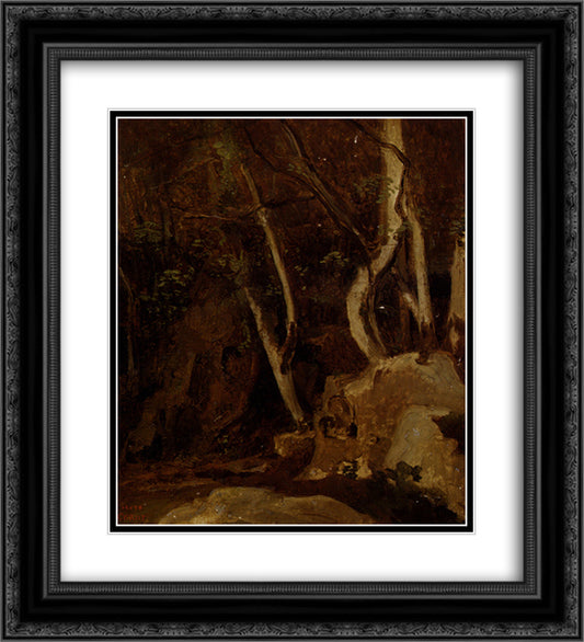 At Civita Castellana, Wooded Rocks 20x22 Black Ornate Wood Framed Art Print Poster with Double Matting by Corot, Jean Baptiste Camille