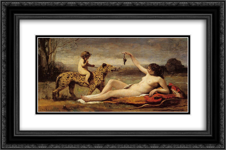 Bacchante with a Panther 24x16 Black Ornate Wood Framed Art Print Poster with Double Matting by Corot, Jean Baptiste Camille