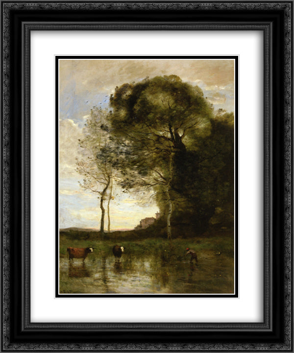 Banks of a Pond in Normandy 20x24 Black Ornate Wood Framed Art Print Poster with Double Matting by Corot, Jean Baptiste Camille