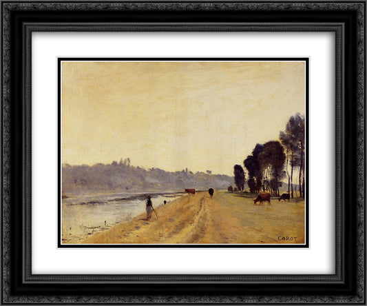 Banks of a River 24x20 Black Ornate Wood Framed Art Print Poster with Double Matting by Corot, Jean Baptiste Camille