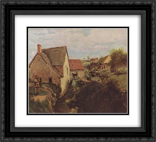 Cabins with Mill on the River Bank 22x20 Black Ornate Wood Framed Art Print Poster with Double Matting by Corot, Jean Baptiste Camille