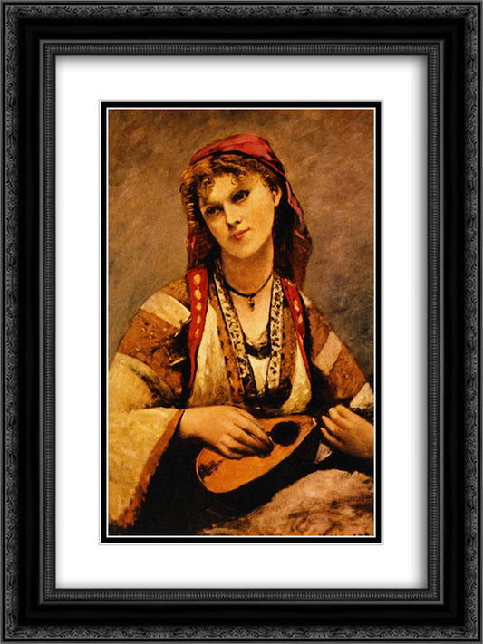 Christine Nilson, or The Bohemian with a Mandolin 18x24 Black Ornate Wood Framed Art Print Poster with Double Matting by Corot, Jean Baptiste Camille