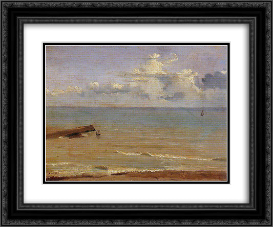 Dieppe End of a Pier and the Sea 24x20 Black Ornate Wood Framed Art Print Poster with Double Matting by Corot, Jean Baptiste Camille