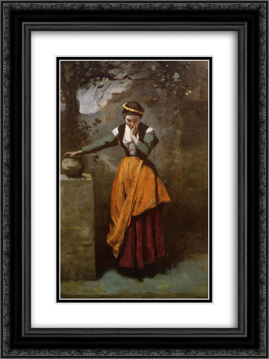 Dreamer at the Fountain 18x24 Black Ornate Wood Framed Art Print Poster with Double Matting by Corot, Jean Baptiste Camille