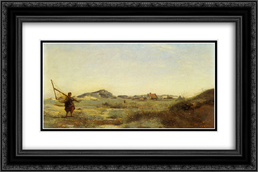 Dunkirk a Fisherwoman with Shrimp 24x16 Black Ornate Wood Framed Art Print Poster with Double Matting by Corot, Jean Baptiste Camille