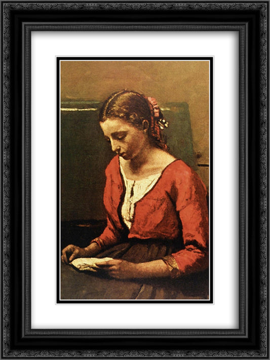 Girl Reading 18x24 Black Ornate Wood Framed Art Print Poster with Double Matting by Corot, Jean Baptiste Camille