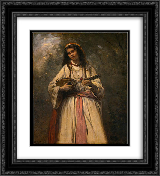 Gypsy Girl with Mandolin 20x22 Black Ornate Wood Framed Art Print Poster with Double Matting by Corot, Jean Baptiste Camille