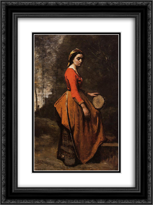 Gypsy with a Basque Tamborine 18x24 Black Ornate Wood Framed Art Print Poster with Double Matting by Corot, Jean Baptiste Camille