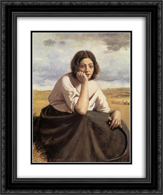 Harvester Holding Her Sickle 20x24 Black Ornate Wood Framed Art Print Poster with Double Matting by Corot, Jean Baptiste Camille