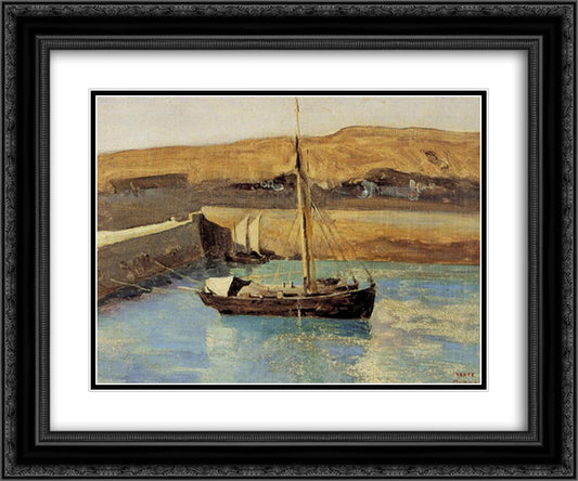 Honfleur Fishing Boat 24x20 Black Ornate Wood Framed Art Print Poster with Double Matting by Corot, Jean Baptiste Camille