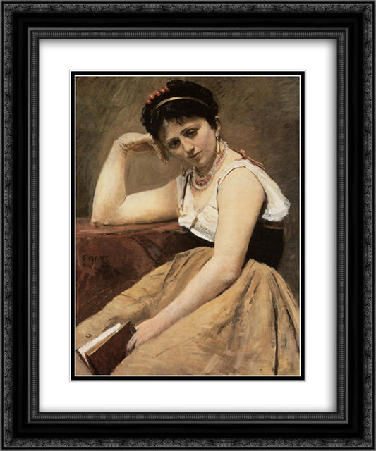 Interrupted Reading 20x24 Black Ornate Wood Framed Art Print Poster with Double Matting by Corot, Jean Baptiste Camille
