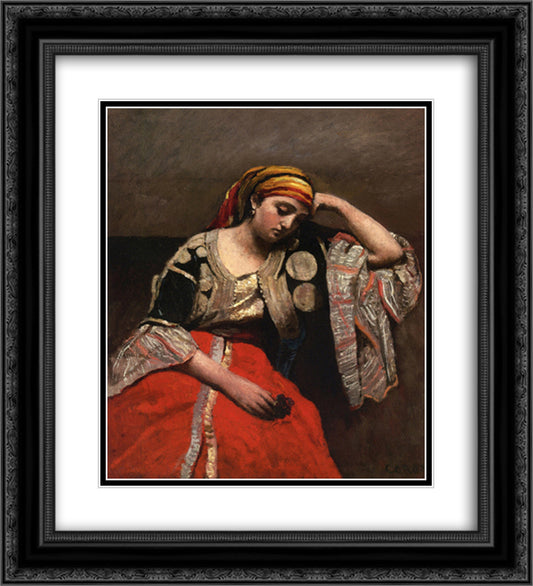 Italian Woman (Jewish Algerian Woman) 20x22 Black Ornate Wood Framed Art Print Poster with Double Matting by Corot, Jean Baptiste Camille