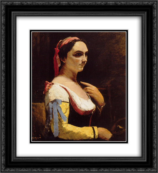 Italian Woman with a Yellow 20x22 Black Ornate Wood Framed Art Print Poster with Double Matting by Corot, Jean Baptiste Camille