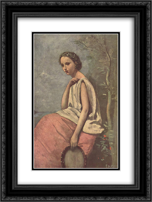 La Zingara 18x24 Black Ornate Wood Framed Art Print Poster with Double Matting by Corot, Jean Baptiste Camille