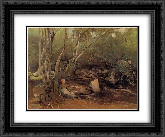 Lormes Shepherdess Sitting under Trees beside a Stream 24x20 Black Ornate Wood Framed Art Print Poster with Double Matting by Corot, Jean Baptiste Camille