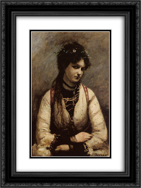 Mademoiselle de Foudras 18x24 Black Ornate Wood Framed Art Print Poster with Double Matting by Corot, Jean Baptiste Camille