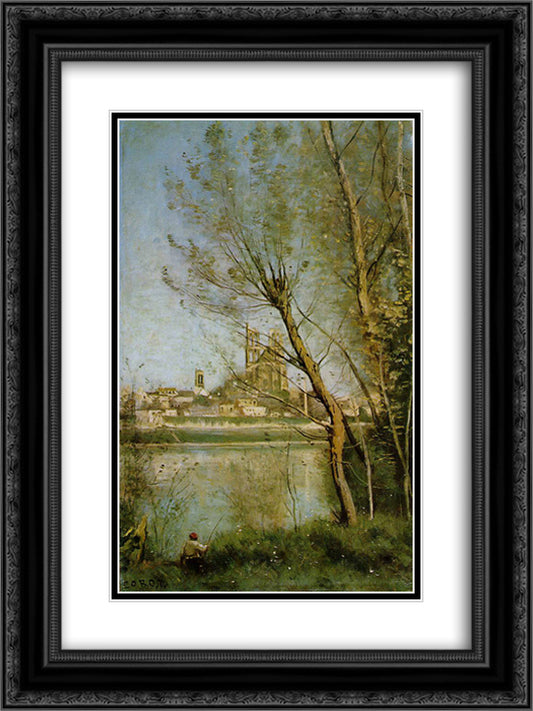 Mantes, View of the Cathedral and Town through the Trees 18x24 Black Ornate Wood Framed Art Print Poster with Double Matting by Corot, Jean Baptiste Camille