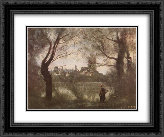 Mantes Cathedral 24x20 Black Ornate Wood Framed Art Print Poster with Double Matting by Corot, Jean Baptiste Camille