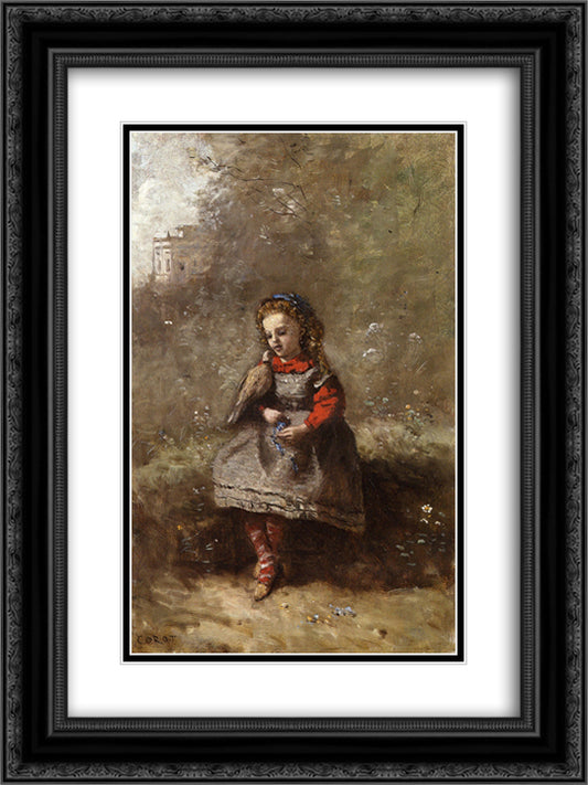Mlle. Leotine Desavary Holding a Turtledove 18x24 Black Ornate Wood Framed Art Print Poster with Double Matting by Corot, Jean Baptiste Camille