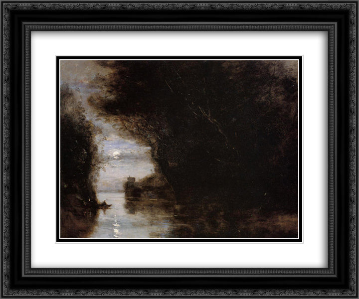 Moonlit Landscape 24x20 Black Ornate Wood Framed Art Print Poster with Double Matting by Corot, Jean Baptiste Camille