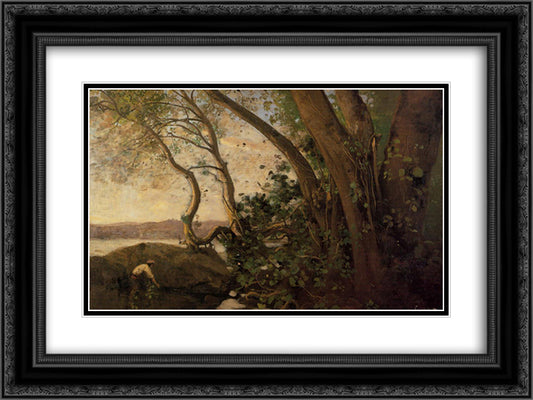 Nemi, the Lake's Edge 24x18 Black Ornate Wood Framed Art Print Poster with Double Matting by Corot, Jean Baptiste Camille