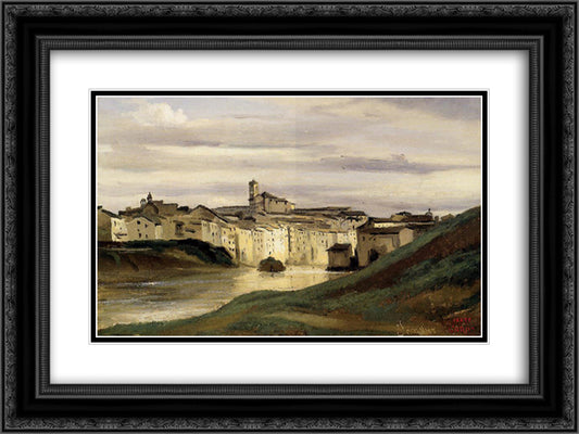 On the Banks of the Tiber 24x18 Black Ornate Wood Framed Art Print Poster with Double Matting by Corot, Jean Baptiste Camille