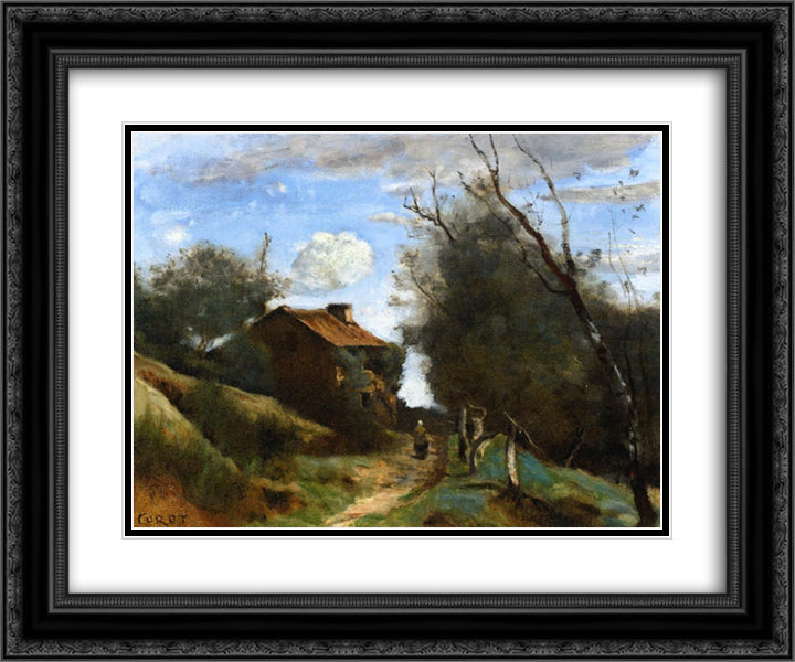Path Towards a House in the Countryside 24x20 Black Ornate Wood Framed Art Print Poster with Double Matting by Corot, Jean Baptiste Camille
