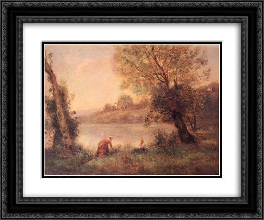 Peasant from Ville d'Avray and her Child among Two Trees at the Bank of a Pond 24x20 Black Ornate Wood Framed Art Print Poster with Double Matting by Corot, Jean Baptiste Camille