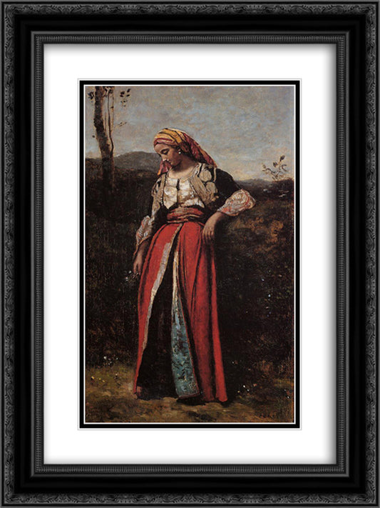 Pensive Oriental 18x24 Black Ornate Wood Framed Art Print Poster with Double Matting by Corot, Jean Baptiste Camille