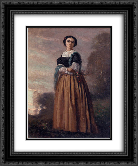 Portrait of a Standing Woman 20x24 Black Ornate Wood Framed Art Print Poster with Double Matting by Corot, Jean Baptiste Camille