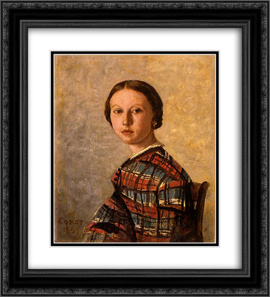 Portrait of a Young Girl 20x22 Black Ornate Wood Framed Art Print Poster with Double Matting by Corot, Jean Baptiste Camille